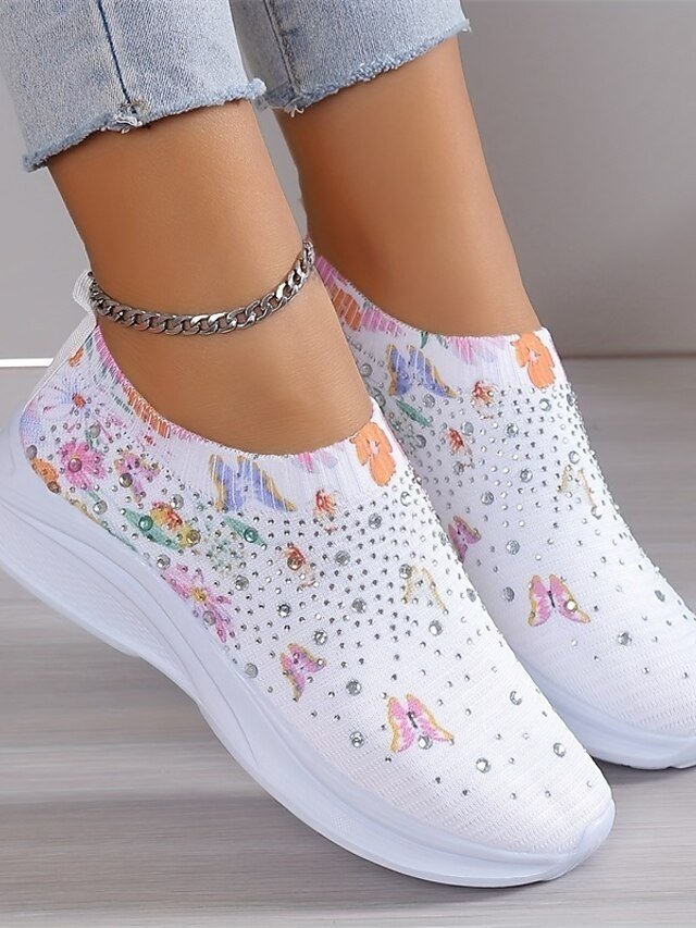 Casual White Floral Rhinestone Slip-On Sneakers - Image 2