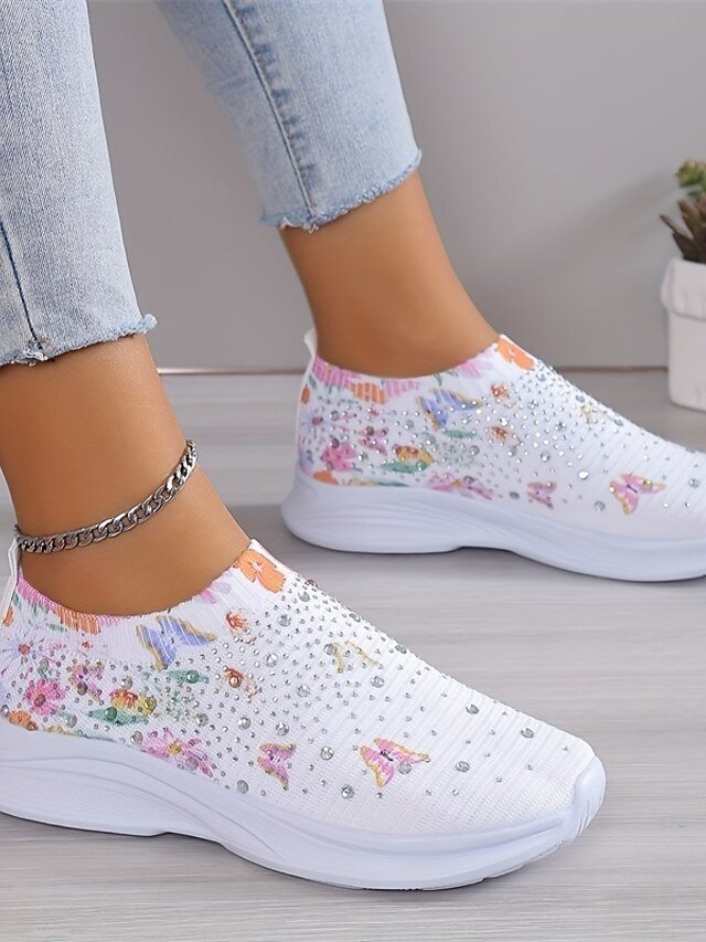 Casual White Floral Rhinestone Slip-On Sneakers - Image 3