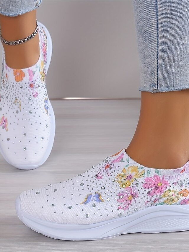 Casual White Floral Rhinestone Slip-On Sneakers - Image 4