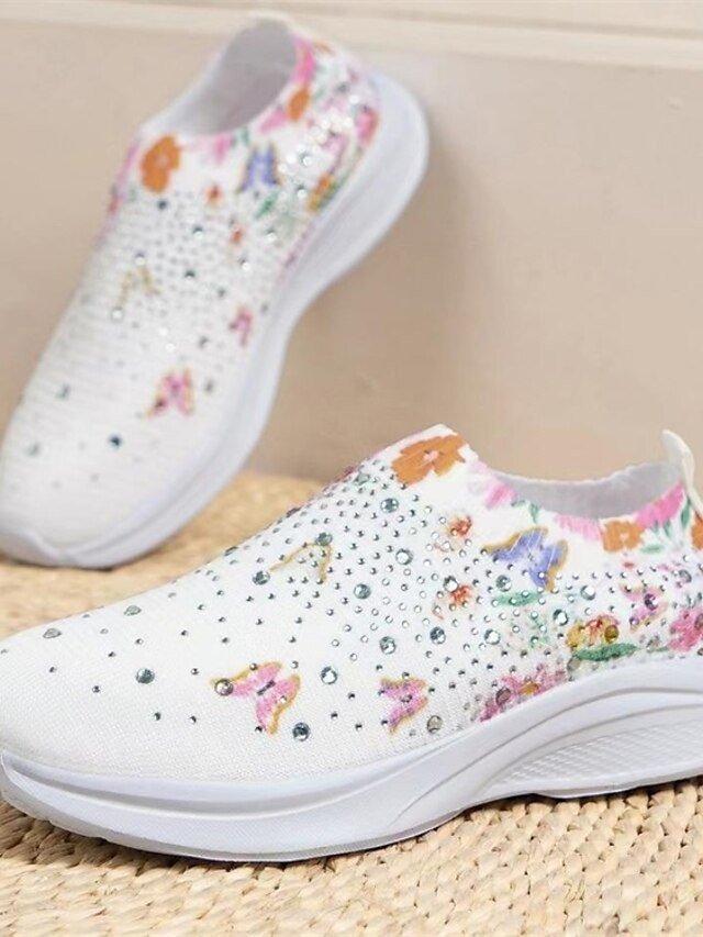 Casual White Floral Rhinestone Slip-On Sneakers - Image 5
