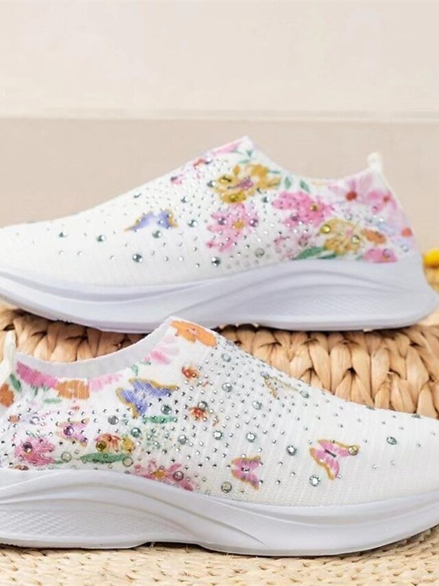 Casual White Floral Rhinestone Slip-On Sneakers - Image 6
