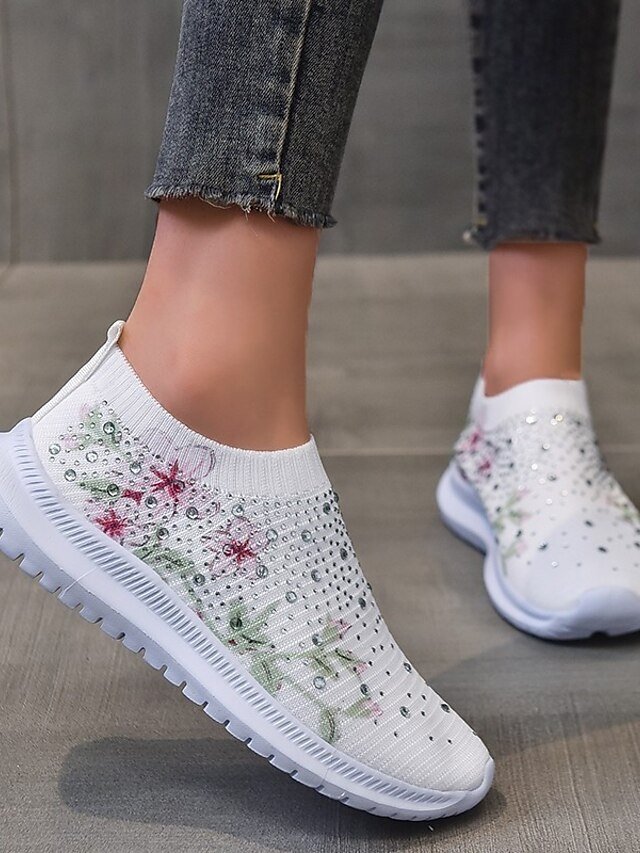 Casual White Floral Rhinestone Slip-On Sneakers - Image 7