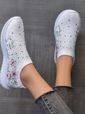 Casual White Floral Rhinestone Slip-On Sneakers - Image 8