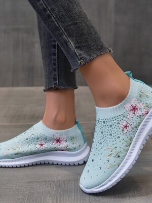 Casual White Floral Rhinestone Slip-On Sneakers - Image 9