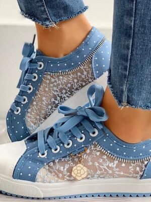 Charming Blue Lace-Up Floral Polka Dot Sneakers - Image 1