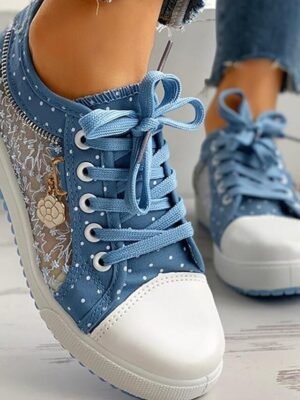 Charming Blue Lace-Up Floral Polka Dot Sneakers - Image 2