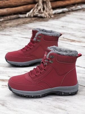 Chic Ankle Red Lace-Up Faux Fur Lined Snow Boots - Image 1