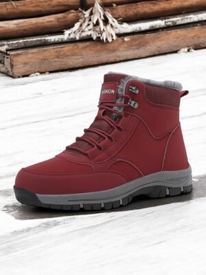Chic Ankle Red Lace-Up Faux Fur Lined Snow Boots - Image 3