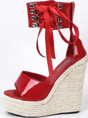 Chic Black Patent Leather Lace-Up Ankle Strap Wedge Sandals - Image 9