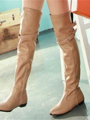 Chic Casual Beige Over-the-Knee Round Toe Flat Boots - Image 1