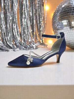 Chic Dark Blue Satin Kitten Heels with Pearl Charm - Image 1
