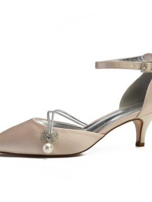 Chic Dark Blue Satin Kitten Heels with Pearl Charm - Image 11