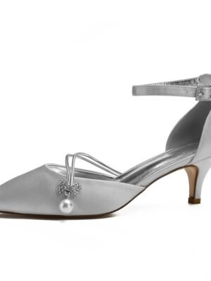 Chic Dark Blue Satin Kitten Heels with Pearl Charm - Image 12