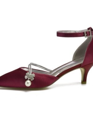 Chic Dark Blue Satin Kitten Heels with Pearl Charm - Image 13