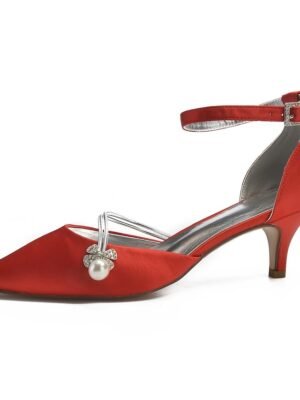 Chic Dark Blue Satin Kitten Heels with Pearl Charm - Image 15