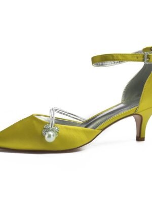 Chic Dark Blue Satin Kitten Heels with Pearl Charm - Image 16