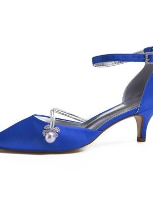 Chic Dark Blue Satin Kitten Heels with Pearl Charm - Image 17