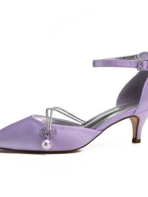 Chic Dark Blue Satin Kitten Heels with Pearl Charm - Image 18