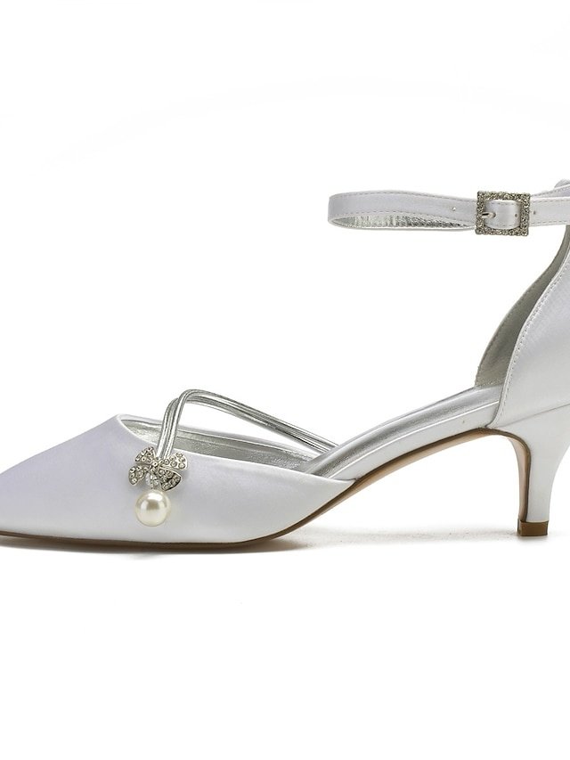 Chic Dark Blue Satin Kitten Heels with Pearl Charm - Image 2