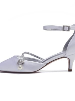 Chic Dark Blue Satin Kitten Heels with Pearl Charm - Image 4