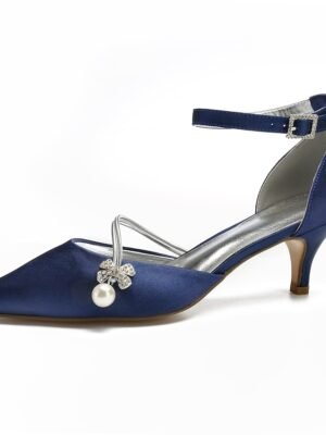 Chic Dark Blue Satin Kitten Heels with Pearl Charm - Image 5