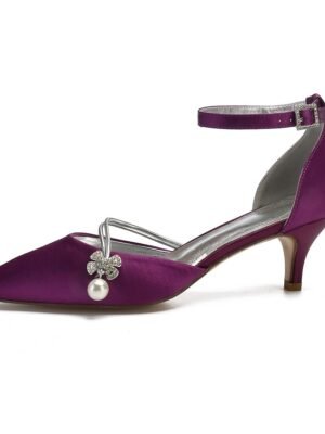 Chic Dark Blue Satin Kitten Heels with Pearl Charm - Image 6