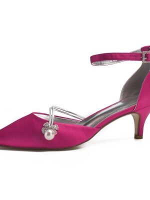 Chic Dark Blue Satin Kitten Heels with Pearl Charm - Image 8