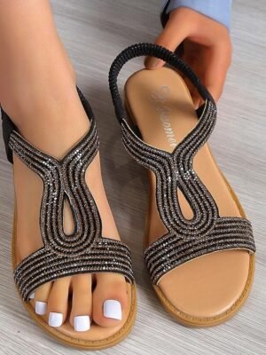 Chic Flat Rhinestone-Embellished Elastic Strap Sandals - Image 10
