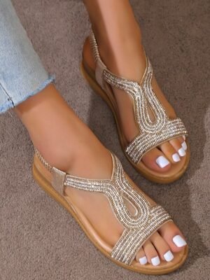 Chic Flat Rhinestone-Embellished Elastic Strap Sandals - Image 12