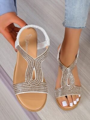 Chic Flat Rhinestone-Embellished Elastic Strap Sandals - Image 2