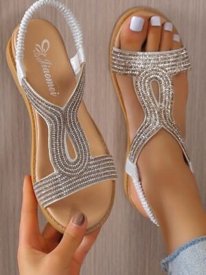 Chic Flat Rhinestone-Embellished Elastic Strap Sandals - Image 3