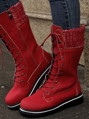 Chic Red Lace-Up Knit Cuff Winter Boots - Image 1
