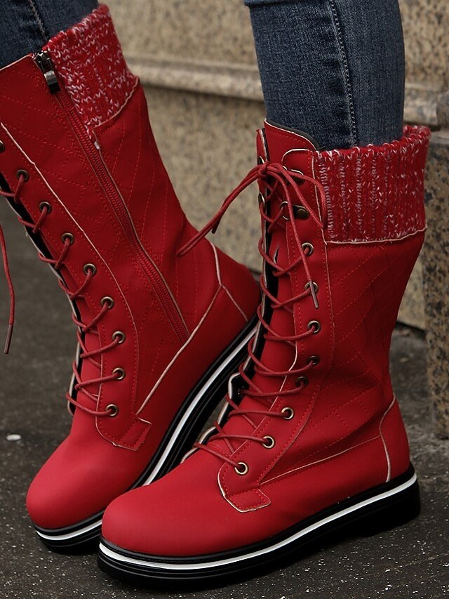 Chic Red Lace-Up Knit Cuff Winter Boots - Image 1