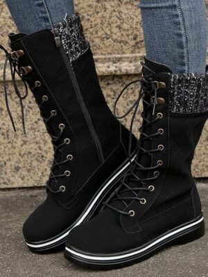 Chic Red Lace-Up Knit Cuff Winter Boots - Image 10