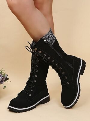 Chic Red Lace-Up Knit Cuff Winter Boots - Image 11