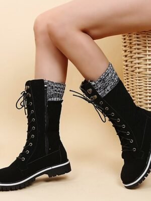 Chic Red Lace-Up Knit Cuff Winter Boots - Image 12