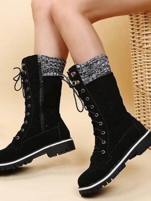 Chic Red Lace-Up Knit Cuff Winter Boots - Image 13