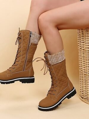 Chic Red Lace-Up Knit Cuff Winter Boots - Image 14