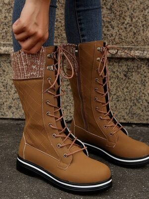 Chic Red Lace-Up Knit Cuff Winter Boots - Image 15