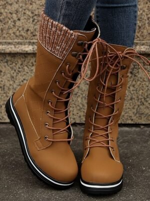 Chic Red Lace-Up Knit Cuff Winter Boots - Image 16
