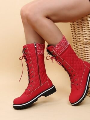 Chic Red Lace-Up Knit Cuff Winter Boots - Image 2
