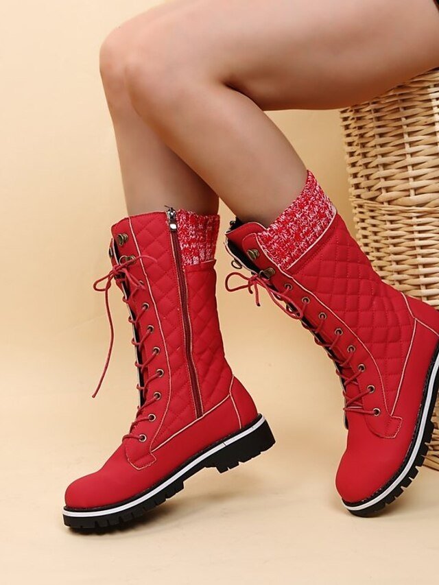 Chic Red Lace-Up Knit Cuff Winter Boots - Image 2