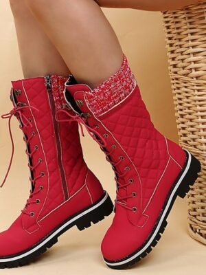 Chic Red Lace-Up Knit Cuff Winter Boots - Image 3