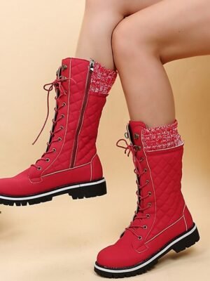 Chic Red Lace-Up Knit Cuff Winter Boots - Image 4
