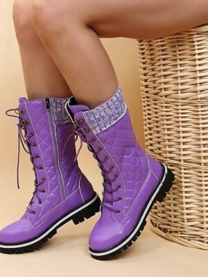 Chic Red Lace-Up Knit Cuff Winter Boots - Image 5