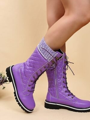 Chic Red Lace-Up Knit Cuff Winter Boots - Image 7