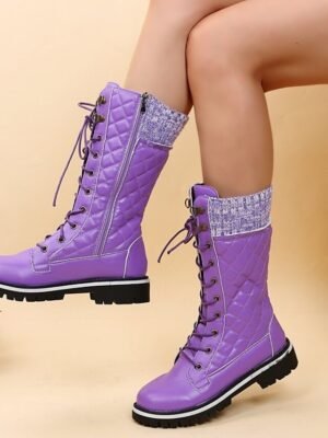 Chic Red Lace-Up Knit Cuff Winter Boots - Image 9
