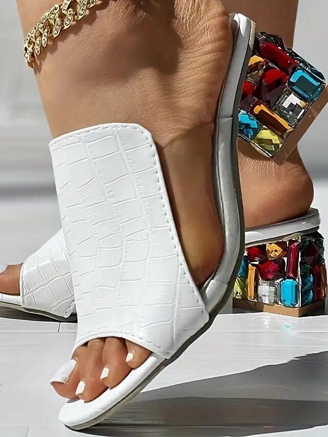 Chic Slip-On White Croc-Embossed Open-Toe Block Heel Sandals - Image 1