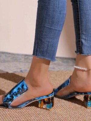 Chic Slip-On White Croc-Embossed Open-Toe Block Heel Sandals - Image 11