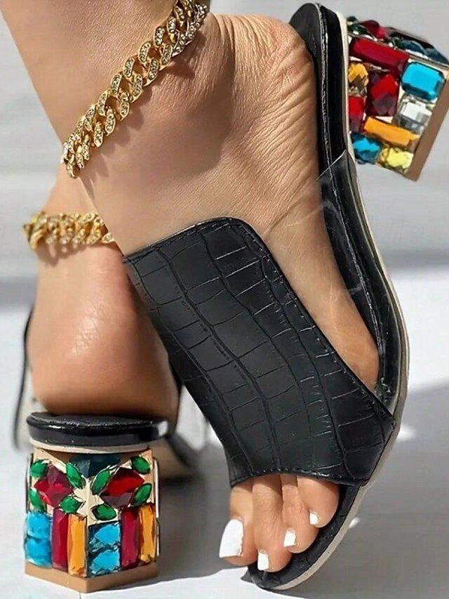 Chic Slip-On White Croc-Embossed Open-Toe Block Heel Sandals - Image 4